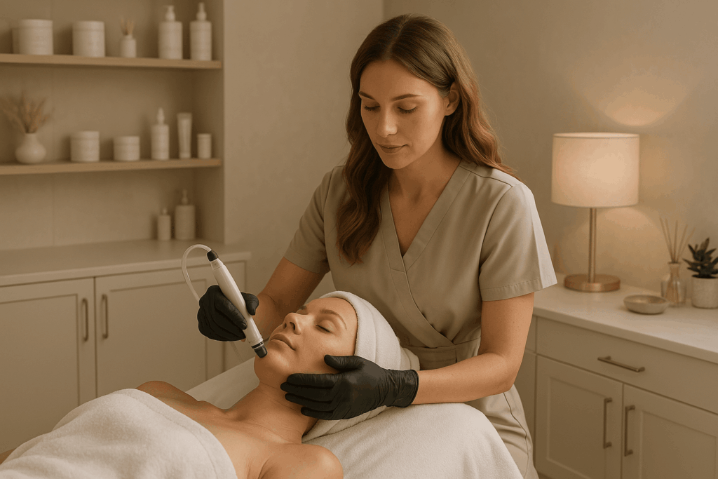 Client receiving a relaxing HydraFacial treatment at Bella Noor Skincare in NYC